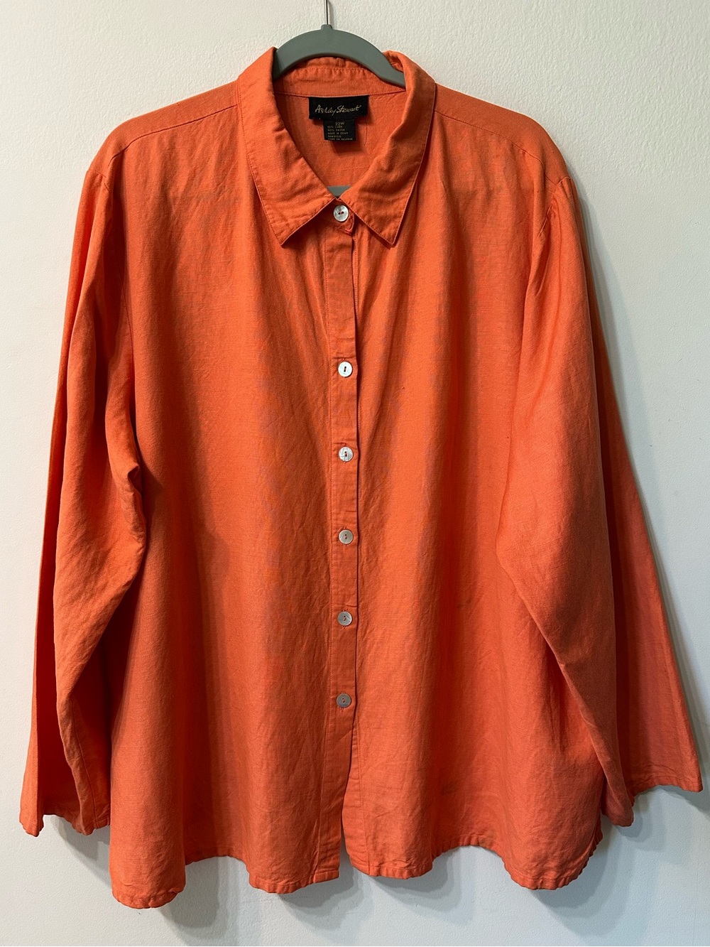 Ashley Stewart Plus Size 22W Linen Rayon Shirt Orange Button Front Long Sleeve